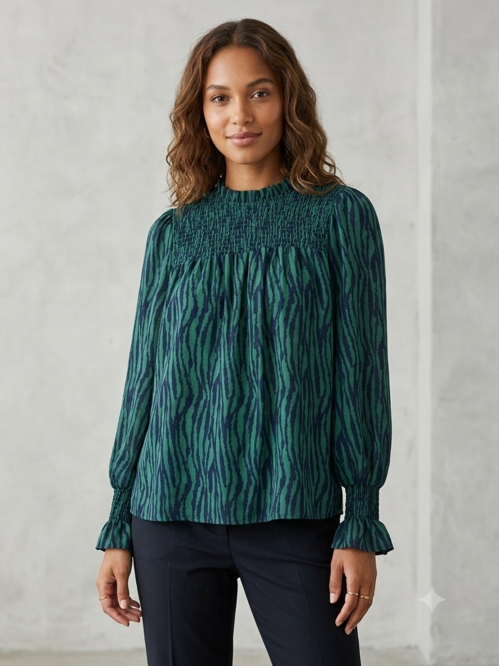 THML Green Zebra Print Smocked Yoke Long-Sleeve Blouse